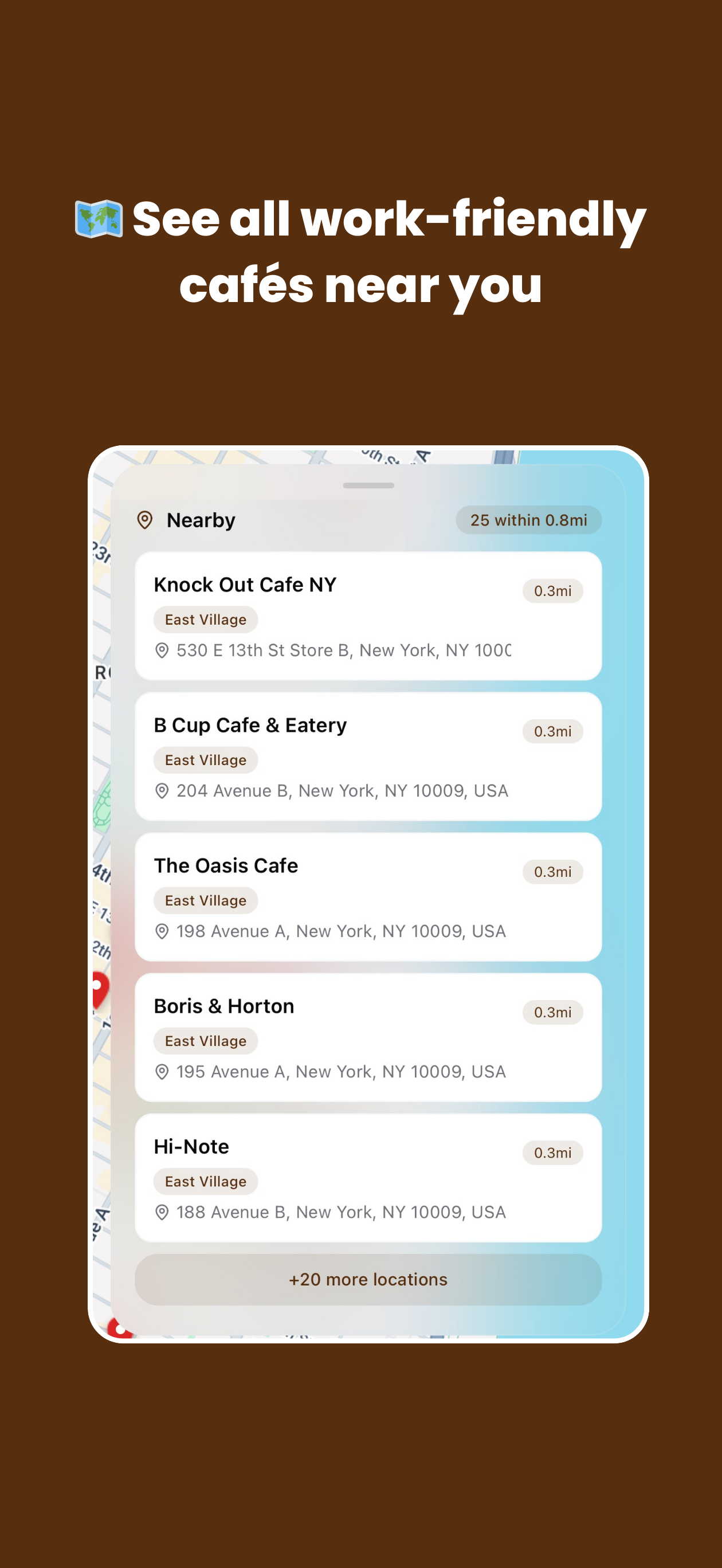 Coffice café detail page with Wi-Fi password, bathroom codes, and outlet info
